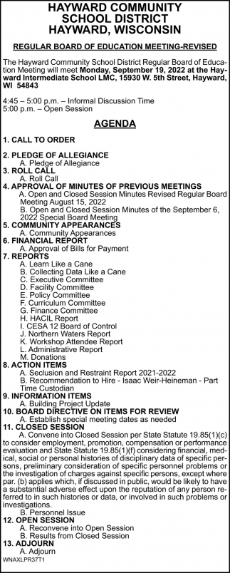 Regular Board of Education Meeting-Revised