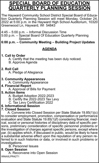 Special Board of Education Quarterly Planning Session