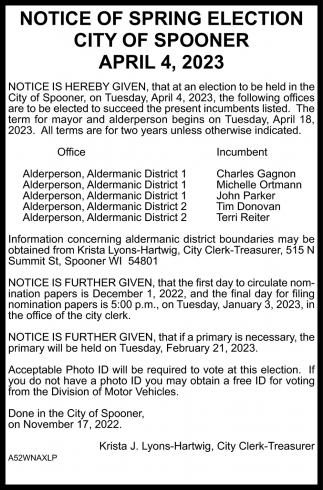 Notice of Spring Election