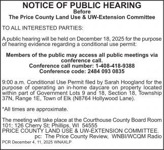 Price County Land Use & UW-Extension Committee Public Hearing (December 18, 2025)