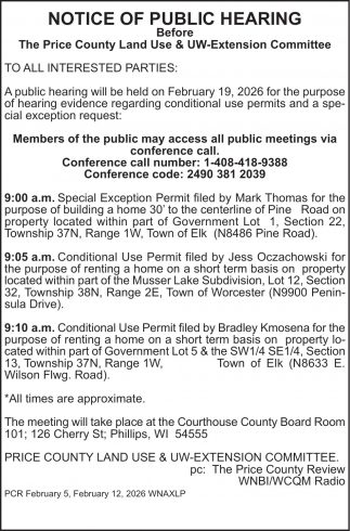 Price County Land Use & UW-Extension Committee Public Hearing (February 19, 2026)