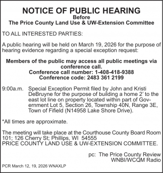 Price County Land Use & UW-Extension Committee Public Hearing (March 19, 2026)