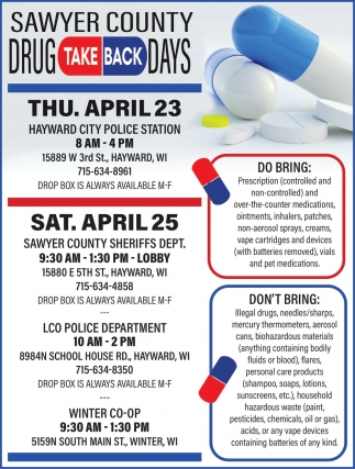 Sawyer County Drug take Back Days (April 23 & 25, 2026)