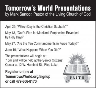 Tomorrow's World Presentations (April 29 - June 10, 2026)