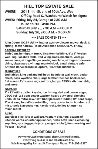 Hill Top Estate Sale (July 24, 2026)