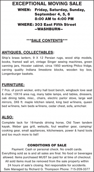Exceptional Moving Sale (September 4, 5 & 6, 2026)