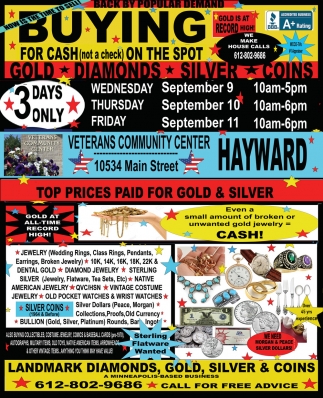 Landmark Diamonds, Gold, Silver & Coin Event at Veterans Community Center