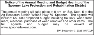 Spooner Lake Protection and Rehabilitation District Annual Meeting (August 31, 2024)