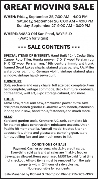 Great Moving Sale (September 25-27, 2026)