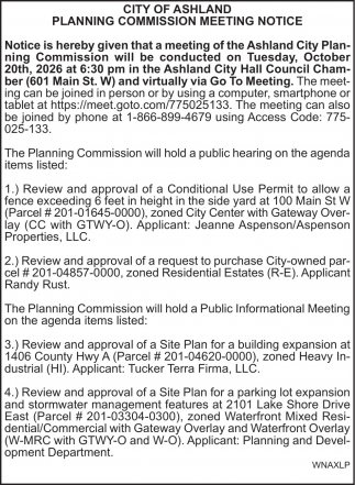 City Of Ashland Plan Commission Meeting (Oct. 20, 2026)