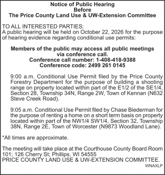 Price County Land Use & UW-Extension Committee Public Hearing (October 22, 2026)