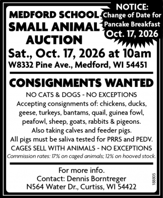 Medford School Small Animal Auction - Oct. 17, 2026