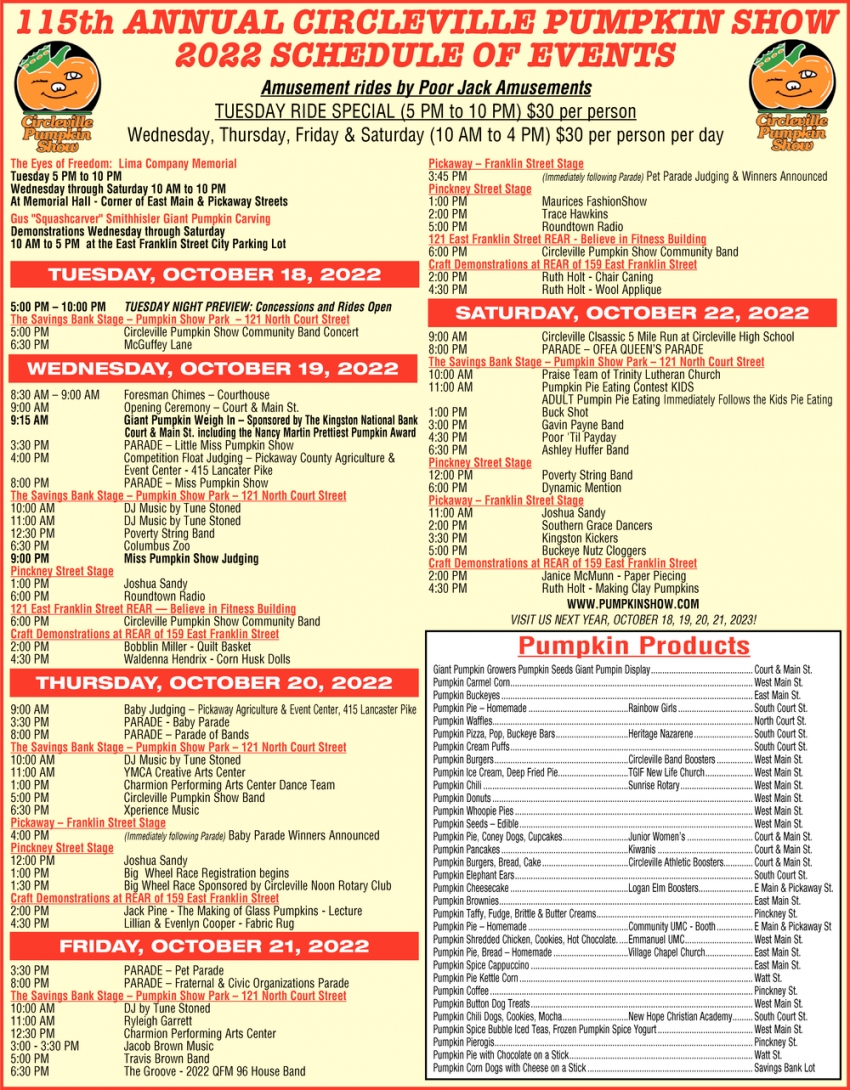 2022 Schedule Of Events , 114th Circleville Pumpkin Show, Circleville, OH