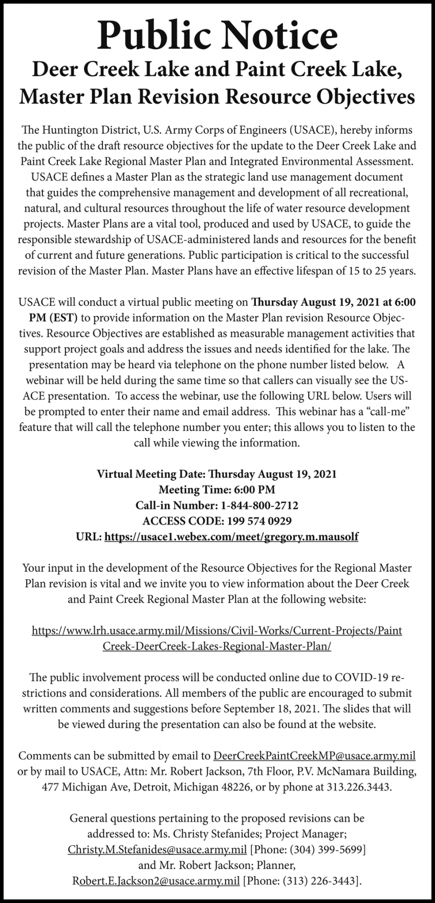 Public Notice, Deer Creek Lake & Paint Creek Lake