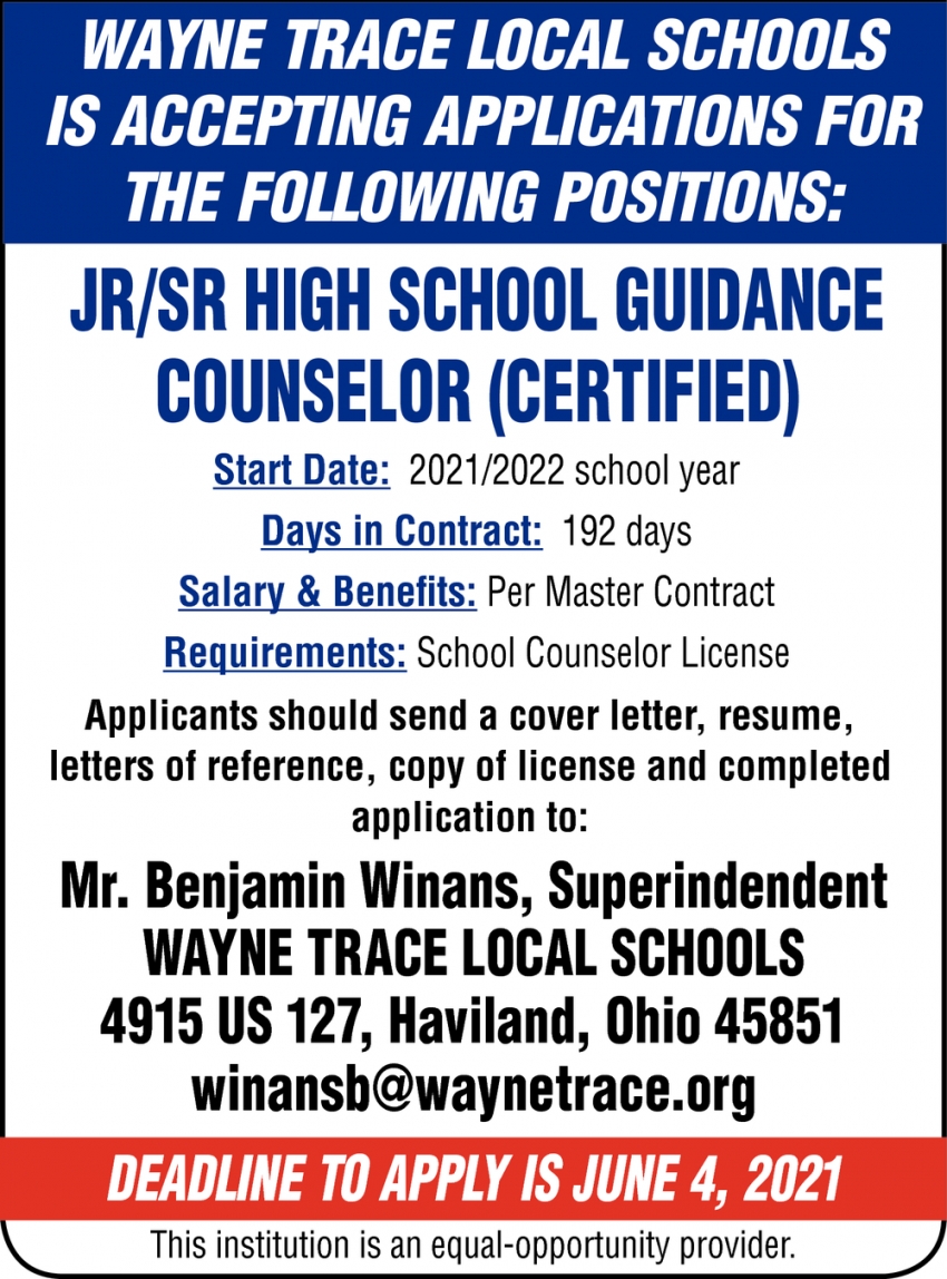 Positions Available, Wayne Trace Local Schools, Haviland, OH