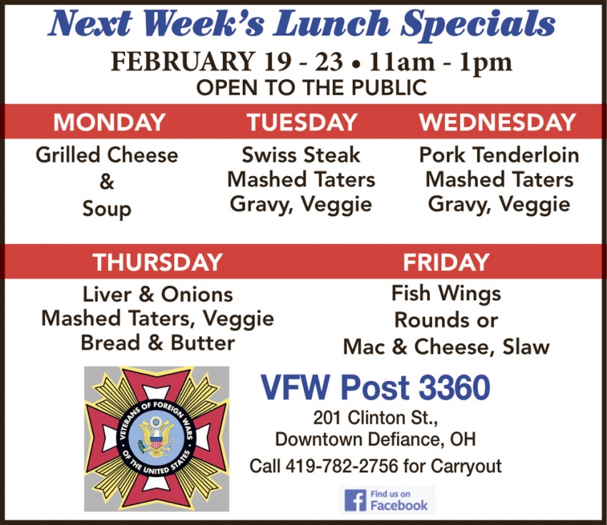 Next Week's Lunch Specials