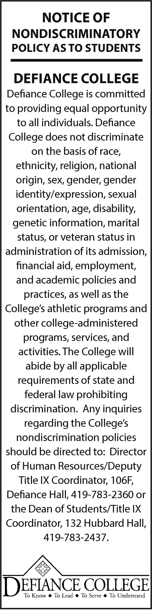 Notice Of Nondiscriminatory Policy As To Students