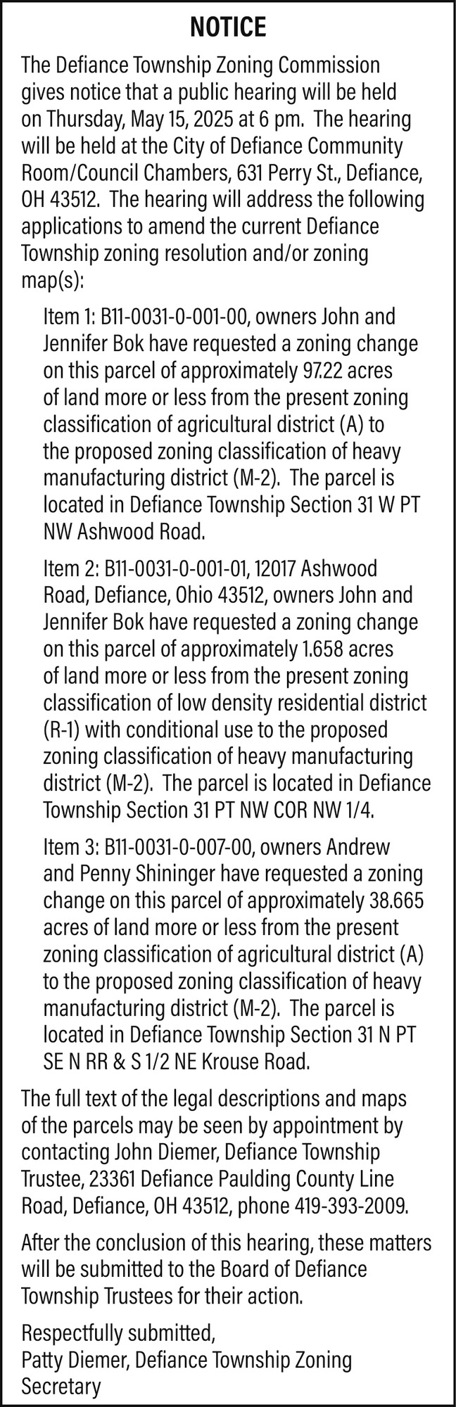 The Defiance Township Zoning Board