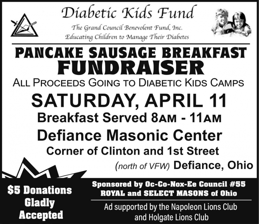 Pancake Sausage Breakfast Fundraiser at Defiance Masonic Center