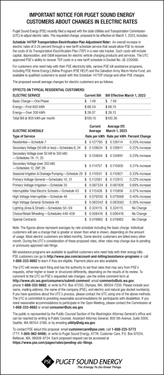Important Notice for Puget Sound Energy Customers About Changes in Electric Rates