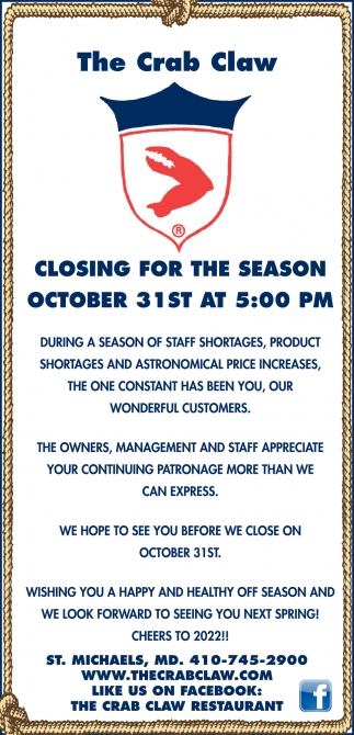 Closing For The Season October 31st At 5:00 PM
