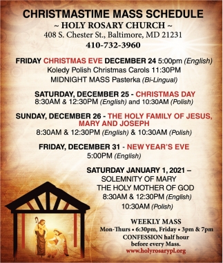 Christmastime Mass Schedule