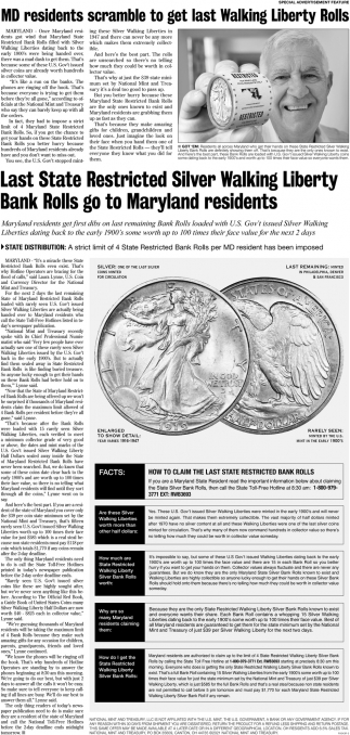 Last State Restricted Silver Walking Liberty Bank Rolls Go To Maryland Residents