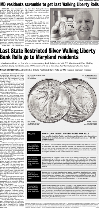 Last State Restricted Silver Walking Liberty Bank Rolls Go To Maryland Residents