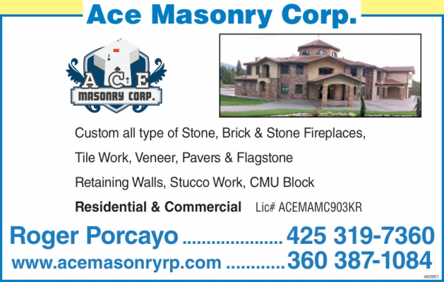 Custom all Type of Stone, Brick & Stone Fireplaces, Ace Masonry Corp