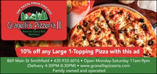 10% OFF Any Large 1-Topping Pizza With this Ad
