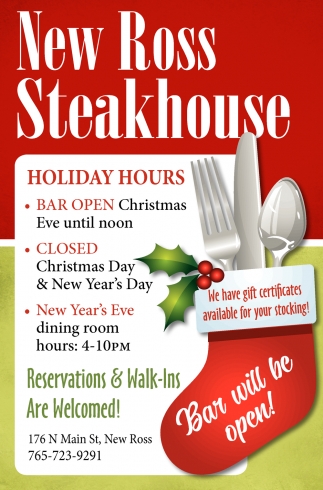Holiday Hours, New Ross Steakhouse