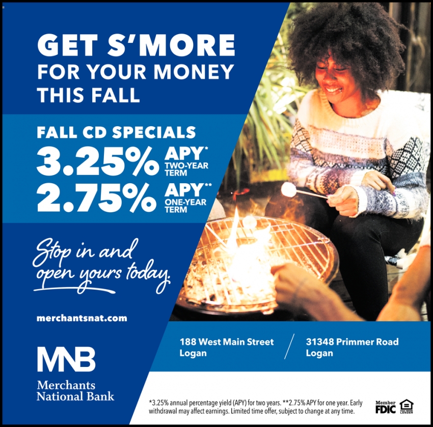 Fall CD Special 3.25 Apy, Merchants National Bank, Logan, OH