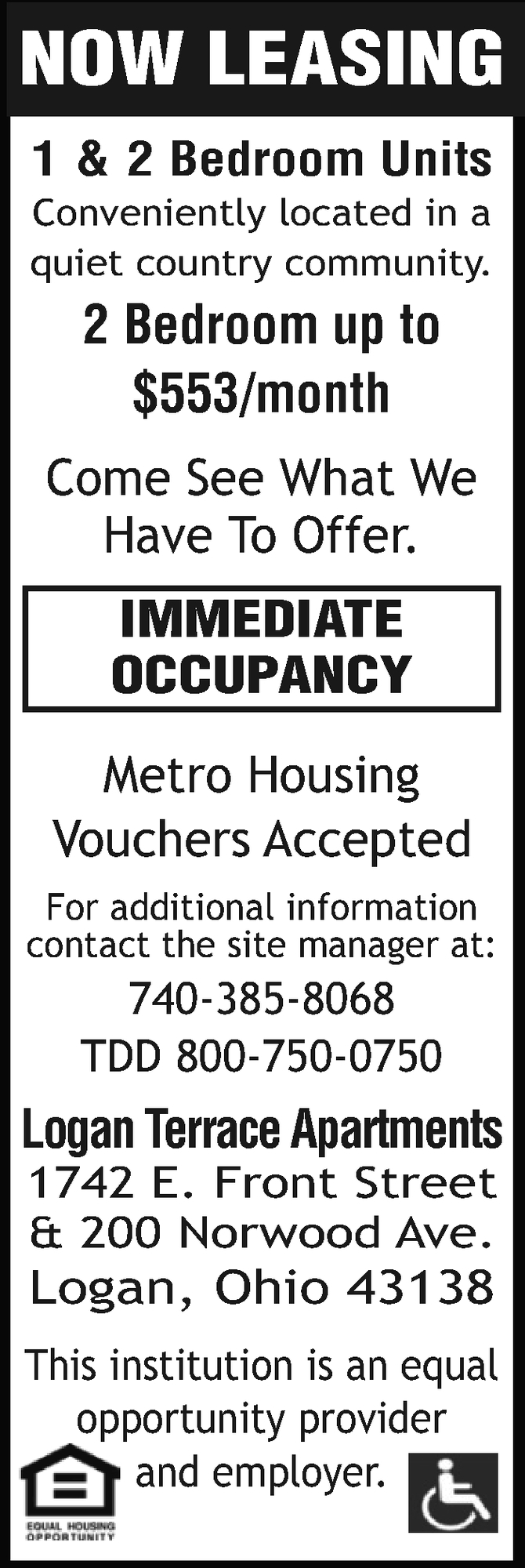 Now Leasing, Logan Terrace Apartments, Logan, OH