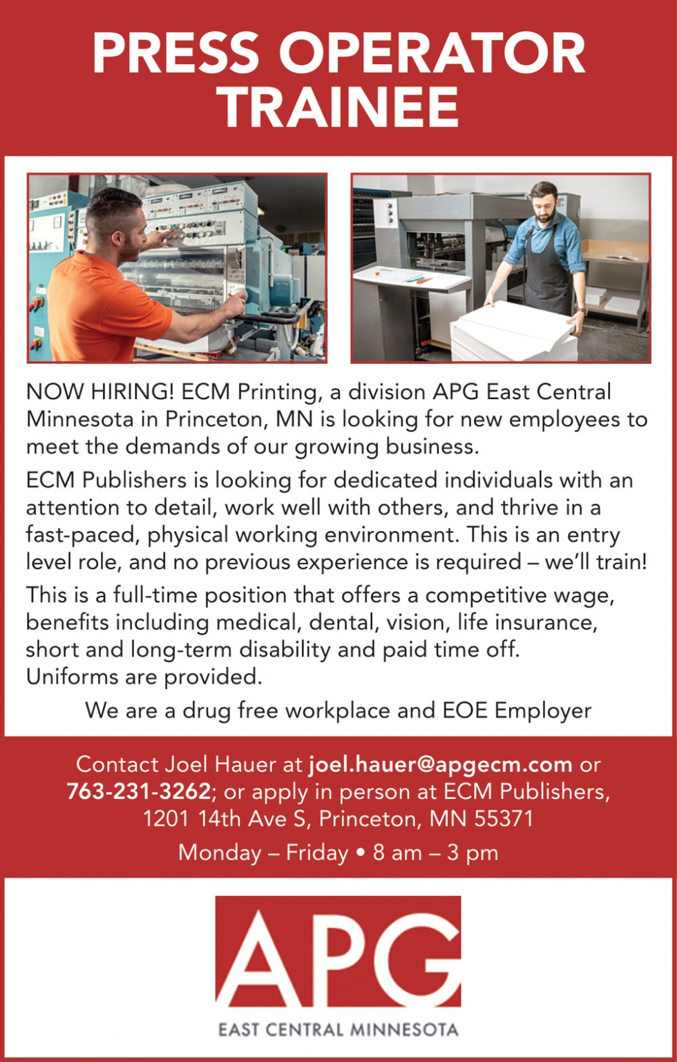 Press Operator Trainee, APG East Central Minnesota, Coon Rapids, MN