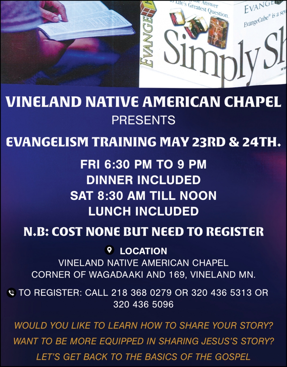 Evangelism Training May 23rd & 24th, Vineland Native American Chapel