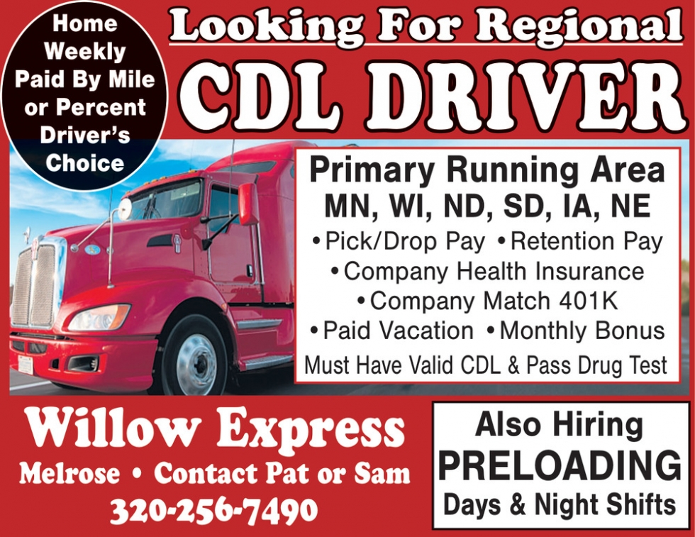 CDL Driver, Willow Express, Melrose, MN