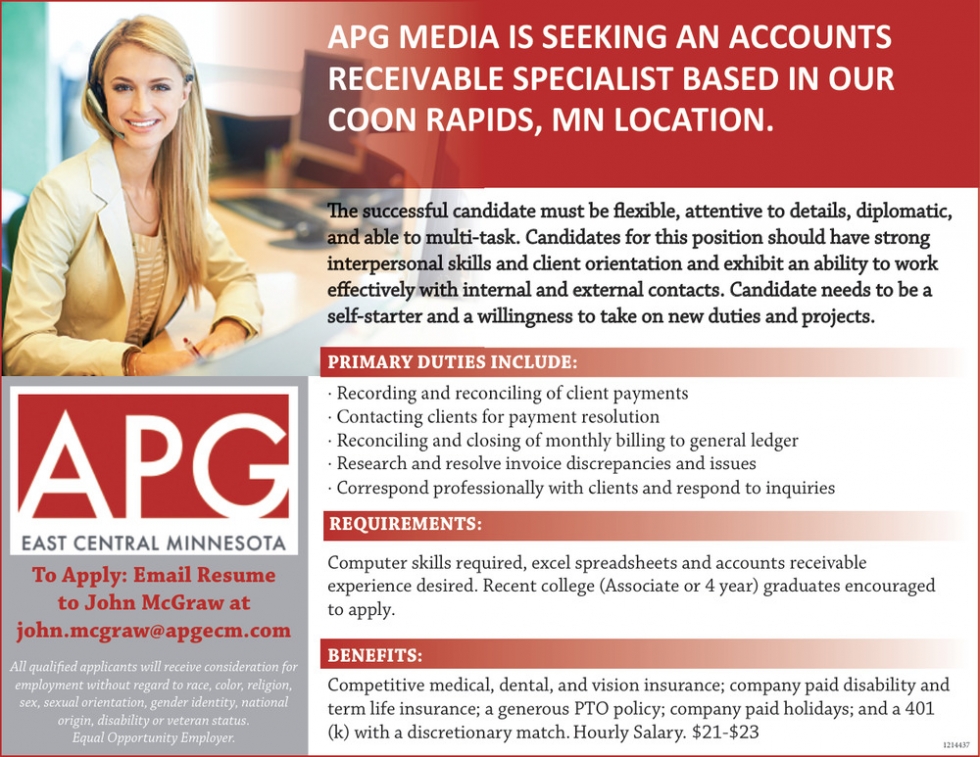 Accounts Receivable Specialist, APG East Central Minnesota, Coon Rapids, MN