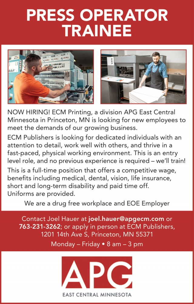 Press Operator Trainee, APG East Central Minnesota, Coon Rapids, MN