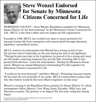 Steve Wenzel Endorsed For Senate By Minnesota Citizens Concerned For Life