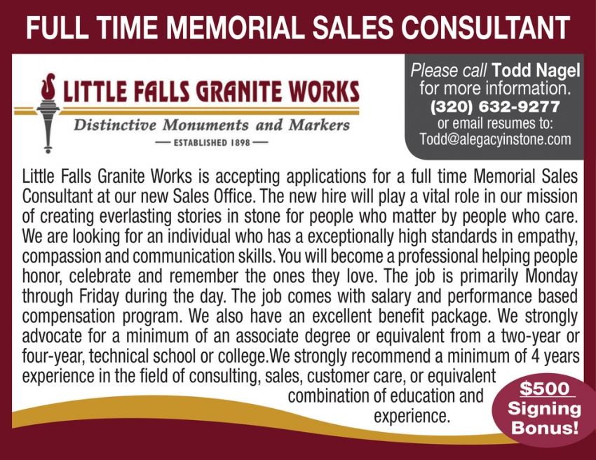 Full Time Memorial Sales Consultant