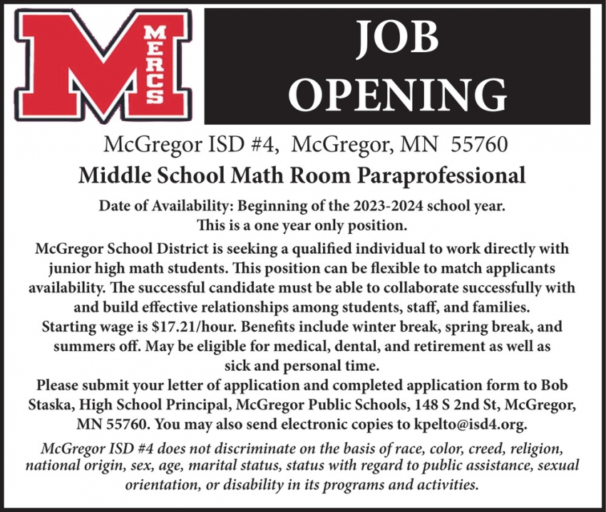 Middle School Math Room Paraprofessional