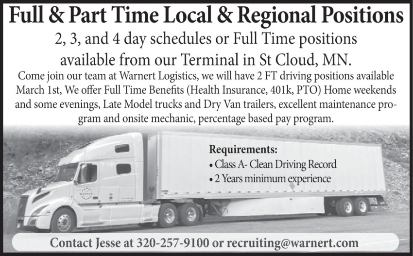 Full & Part Time Local & Regional Positions