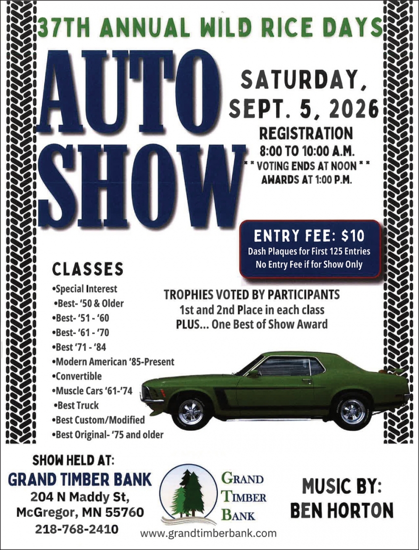 37th Annual Wild Rice Days Auto Show - September 5, 2026
