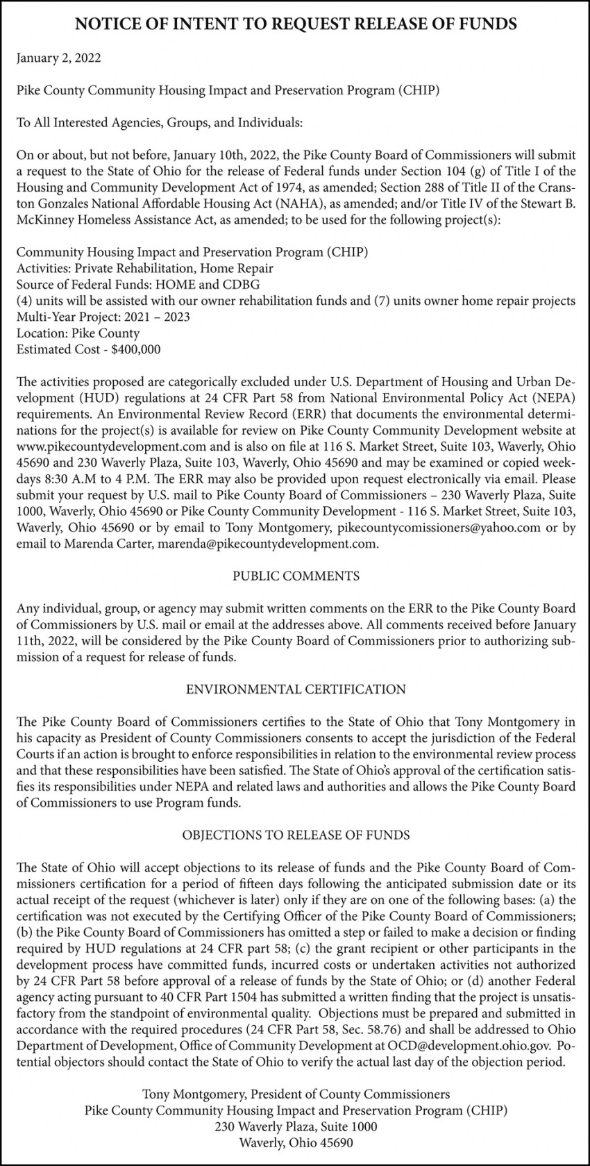 Notice Of Intent to Request Release of Funds