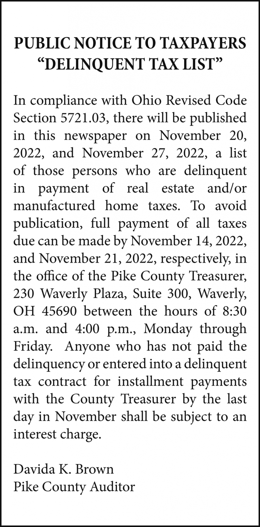 Public Notice to Taxpayers