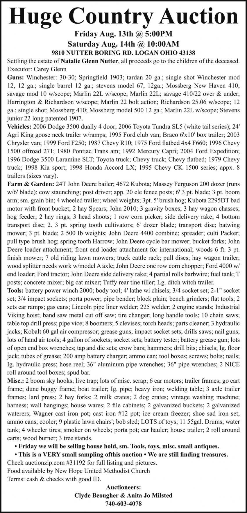 Huge Country Auction, Clyde Beougher & Anita Jo Milsted