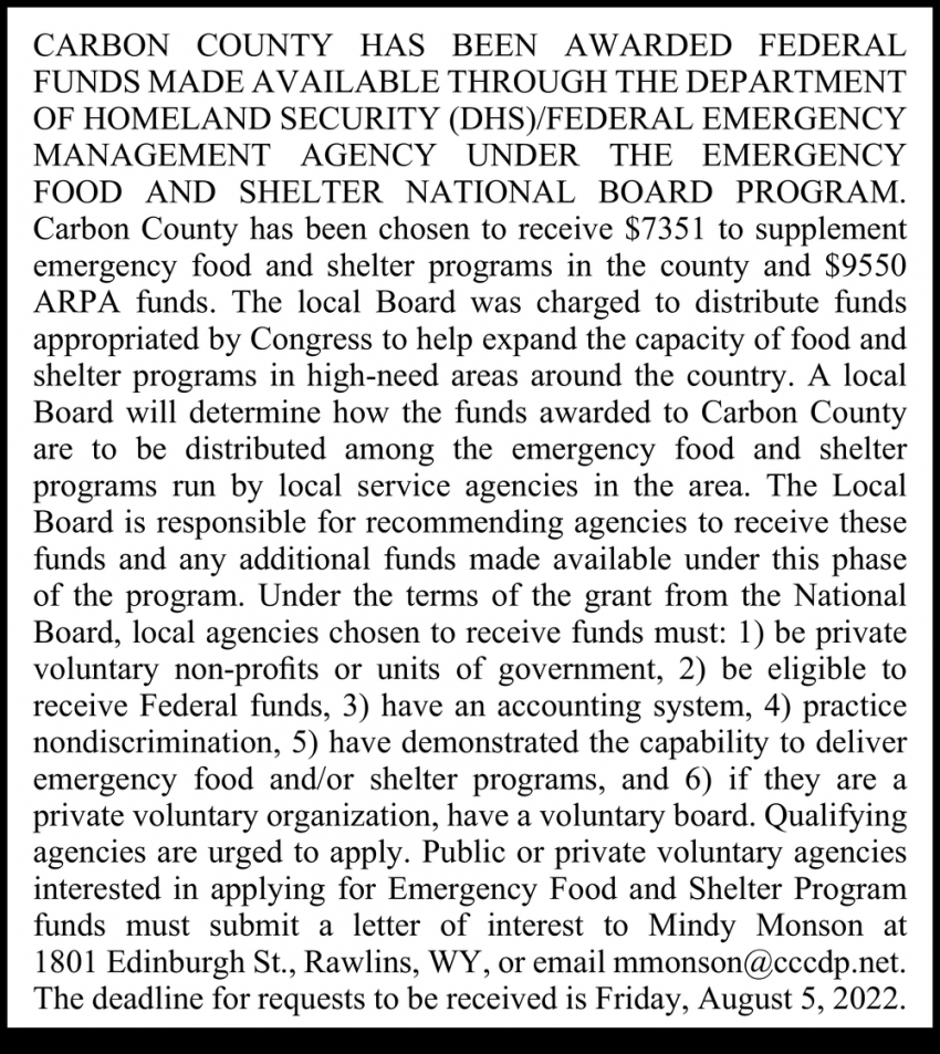 Carbon County Has Been Awarded Federal Funds