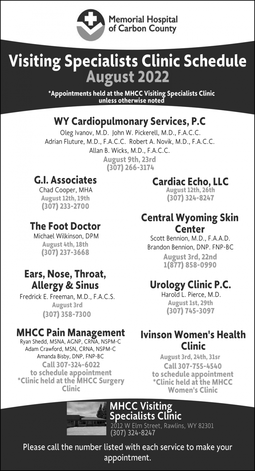 Visiting Specialists Clinic Schedule