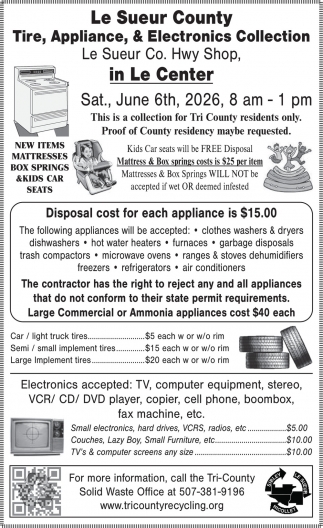 Le Sueur County Tire, Appliance & Electronics Collection (June 6, 2026)