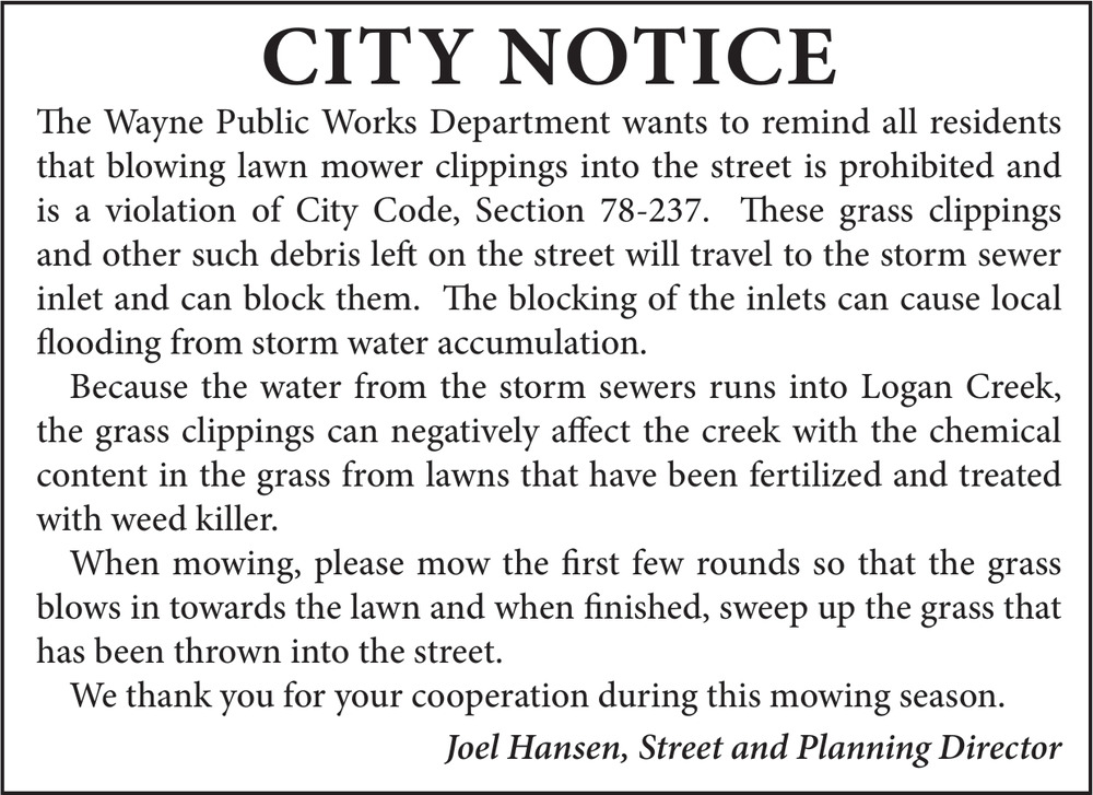 City Notice, Wayne Public Works Department, Wayne, NE